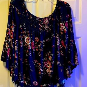 LUQ Blue Floral Blouse Medium- Cold Shoulder Top